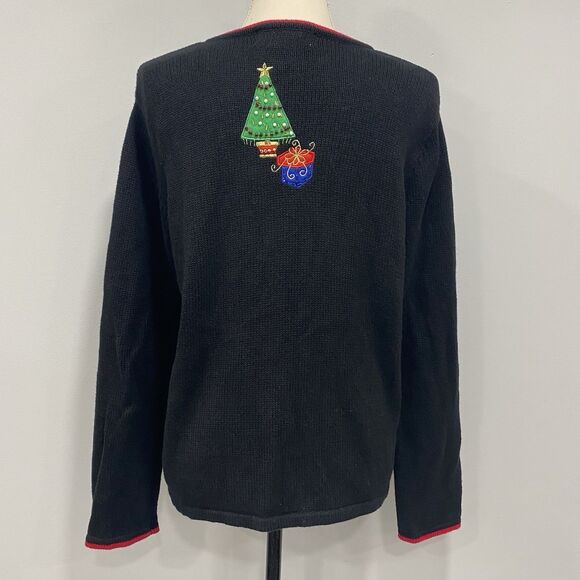 VTG Tiara Int'l M Black Ugly Christmas Sweater Zipper Cardigan Santa Embroidered - Picture 10 of 16